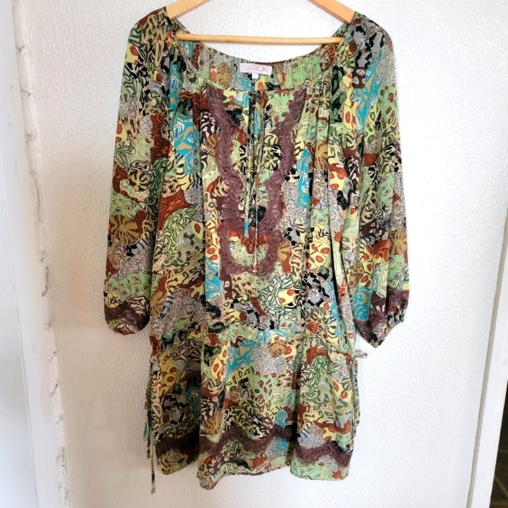La ROK 100% Silk Boho Peasant Drop Waist Babydoll Lace Mini Dress sz S/M Green